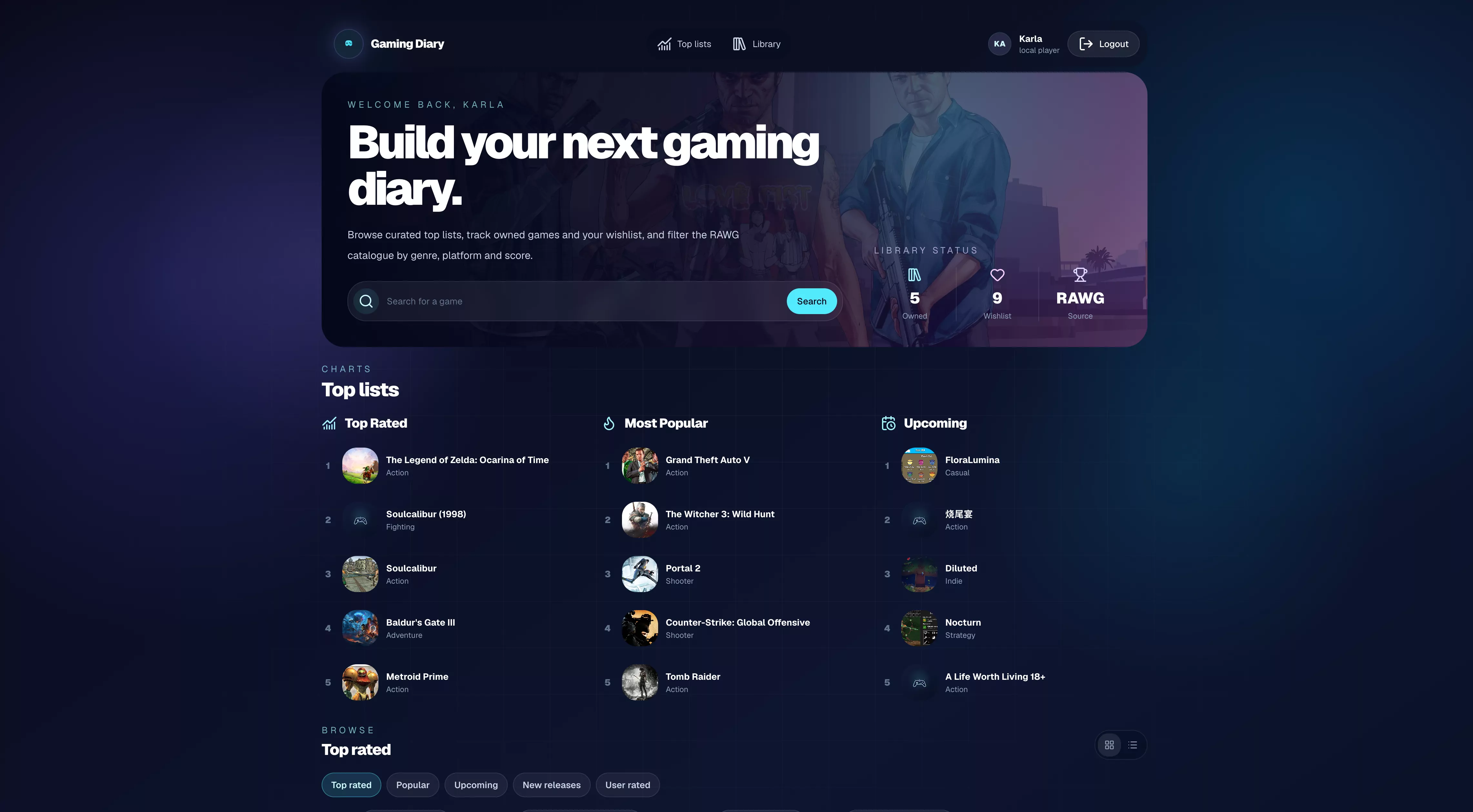Gaming Diary game tracking app, second view